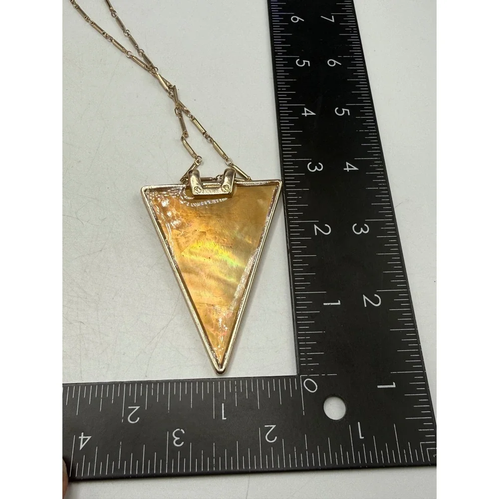 Gold Tone Large Triangle Iridescent Amber Shell Inlay Statement Necklace